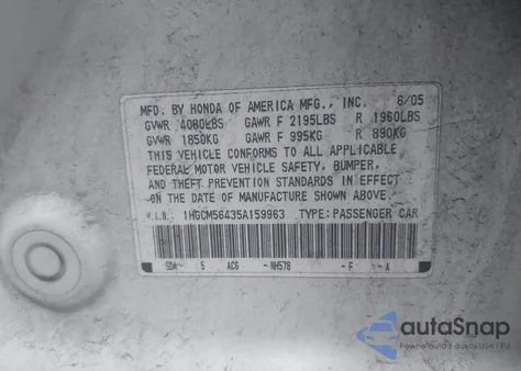 2005 Honda Accord 2.4 Lx z USA, uszkodzony, nr VIN 1HGCM56435A159963